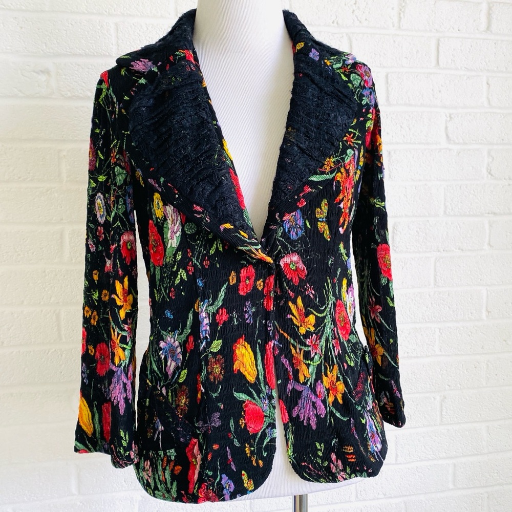 VINTAGE Jacket Blazer Alberto Makali Black Floral Large Boho WhimsyGoth Artsy - Picture 1 of 16